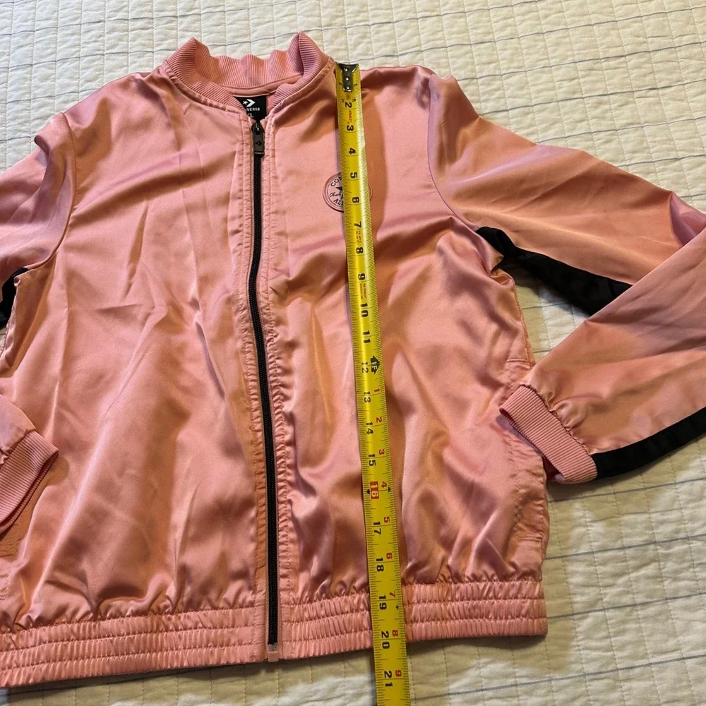 Converse All Star Kids XL Pink Satin Bomber Track Jacket Full Zip Black Stripe